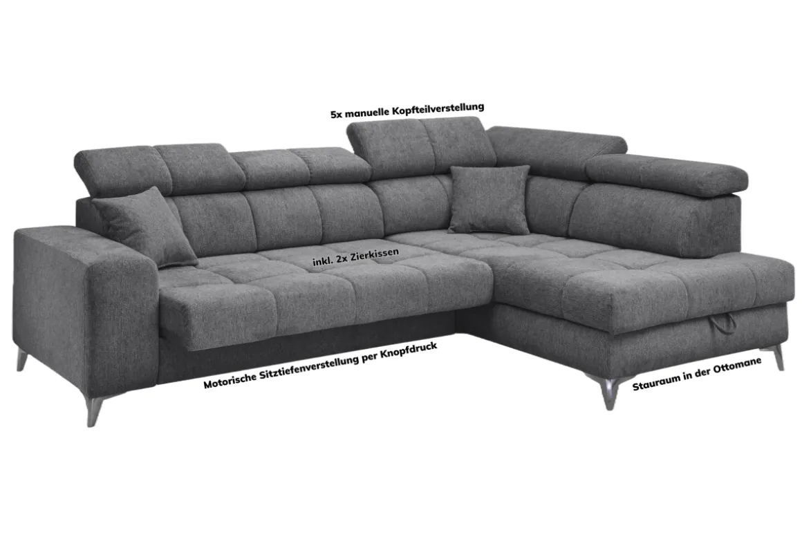 Ecksofa Sydney Anthrazit mit Stauraum und Funktionen