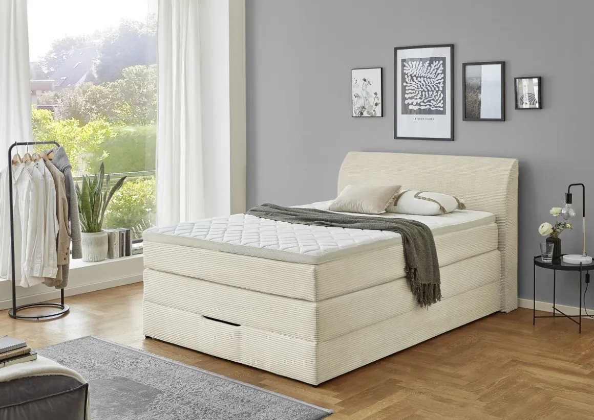 Sun Garden Boxspringbett Kurt mit Bettkasten Cord Natur 120 x 200 cm