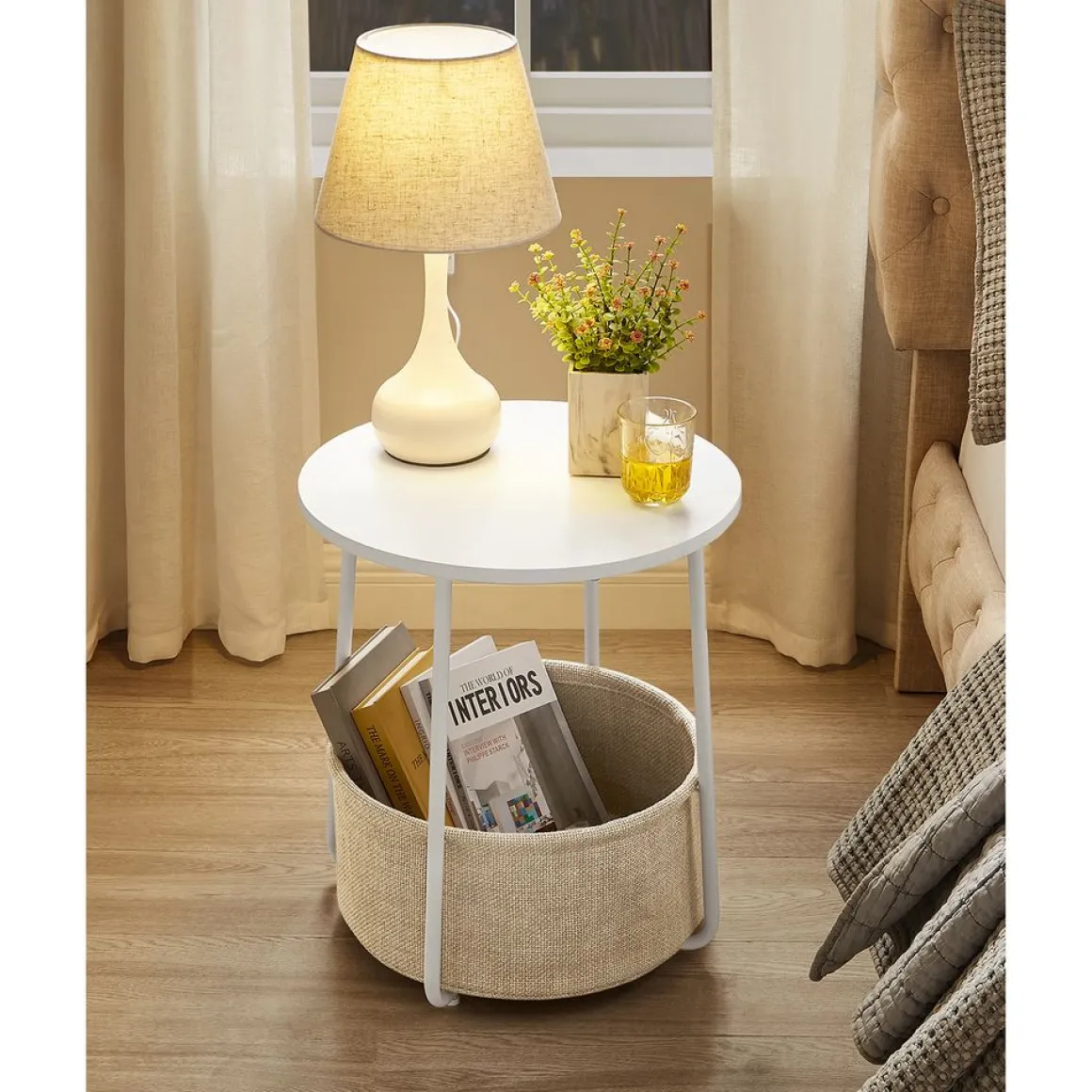 Vasagle Beistelltisch Weiß-Beige inkl. Korb